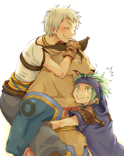 &#33853;&#12385;&#27494;&#32773; ???? canine canine? cougar_(character) cuddle cuddling green_eyes green_hair hair happy hero_(suikoden_tierkreis) kids male mammal plain_background suikoden white_background