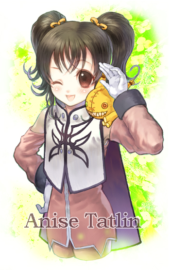 ;d anise_tatlin black_hair brown_hair character_name doll gloves hanamura_mai long_hair one_eye_closed open_mouth smile solo tales_of_(series) tales_of_the_abyss tokunaga twintails white_gloves