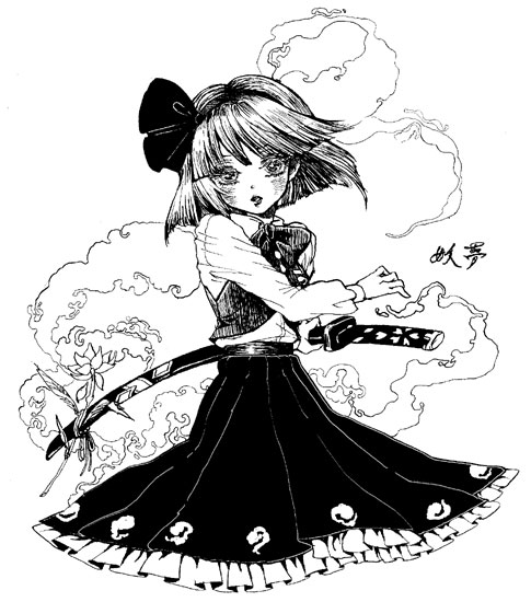 bob_cut dress_shirt frilled_skirt frills greyscale hairband konpaku_youmu konpaku_youmu_(ghost) medium_skirt monochrome pleated_skirt print_skirt ready_to_draw scabbard sheath sheathed shirt short_hair skirt solo sword takatora touhou vest weapon