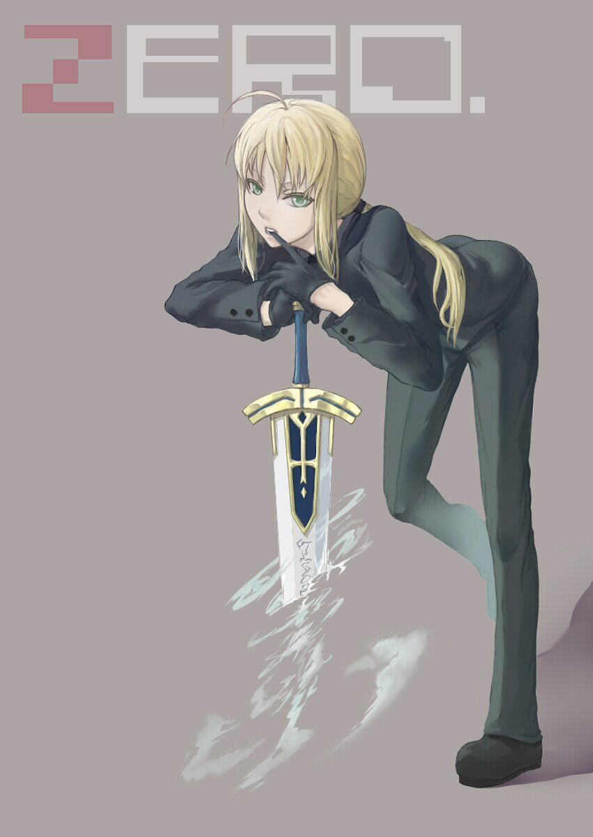 ahoge artoria_pendragon_(all) biting black_gloves blonde_hair excalibur fate/zero fate_(series) formal glove_biting gloves green_eyes hair_ribbon highres invisible_air long_hair necktie pant_suit ponytail ribbon saber solo suit sword weapon zft