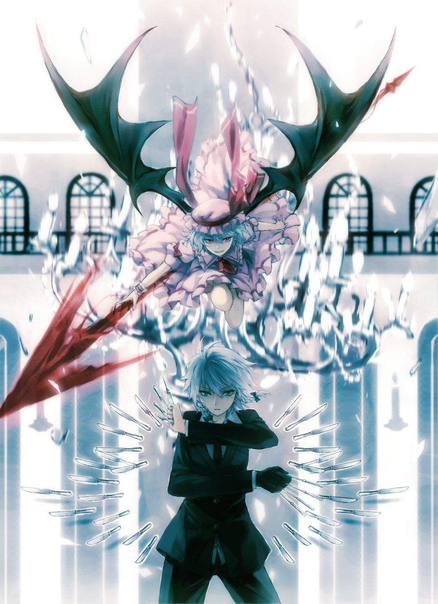 bad_id bad_pixiv_id bat_wings black_gloves blue_hair chandelier dress formal gloves green_eyes hat highres izayoi_sakuya knife mg_(mica) multiple_girls necktie pant_suit polearm red_eyes remilia_scarlet silver_hair smile spear spear_the_gungnir suit too_many too_many_knives touhou weapon window wings