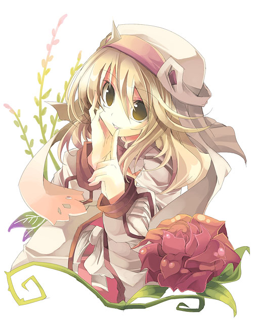 alice_(tales) blonde_hair coat finger_to_face flower fruit_punch green_eyes hand_on_own_face hat long_hair pointing red_flower red_rose rose smile solo tales_of_(series) tales_of_symphonia tales_of_symphonia_knight_of_ratatosk veil