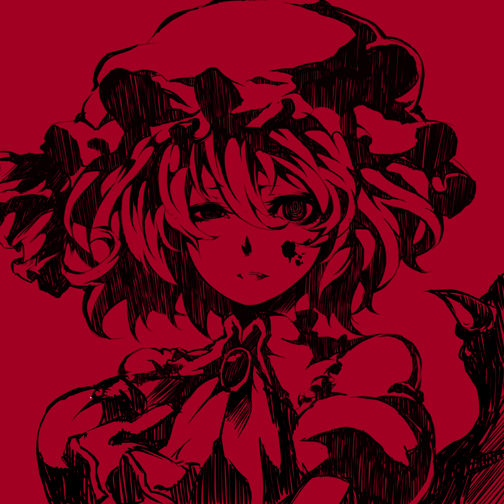 bad_id bad_pixiv_id blood blood_on_face blood_stain brooch crazy_eyes hat hukuhi jewelry looking_at_viewer monochrome puffy_sleeves red remilia_scarlet short_hair solo touhou