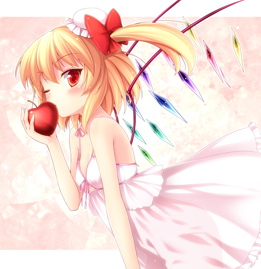 alternate_costume apple babydoll bare_shoulders blonde_hair bow breasts dress flandre_scarlet food fruit hair_bow hair_bun hat heart holding holding_food holding_fruit mini_hat nullken one_eye_closed red_eyes see-through_silhouette short_hair side_ponytail small_breasts solo touhou wings