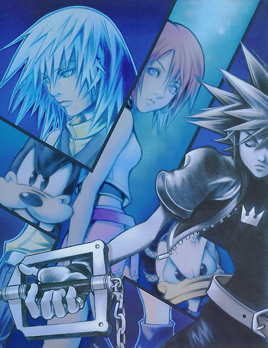 blue_eyes brown_hair chains crown donald_duck duo eyes_closed goofy gray_hair grey_hair hand_on_weapon jewelry kairi keyblade kingdom_hearts long_hair looking_at_viewer looking_back necklace official_art red_hair riku short_hair smile sora sora_(kingdom_hearts) spiked_hair spiky_hair weapon weapons