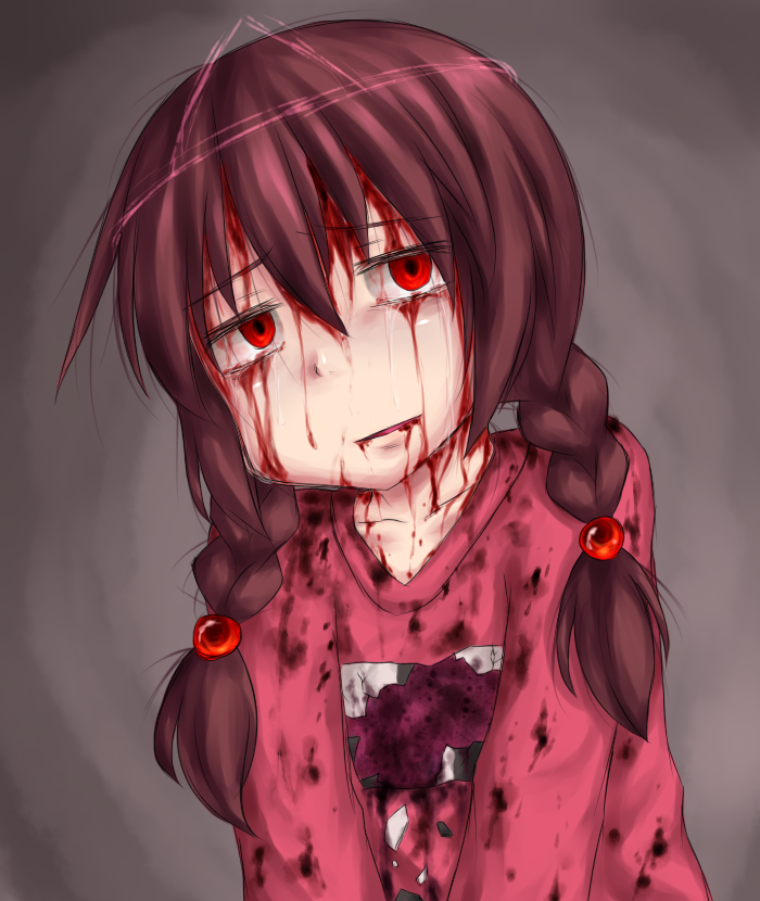 aosora_(mizore) bad_id bad_pixiv_id blood blood_on_face bloody_clothes brown_hair madotsuki pink_shirt red_eyes shirt solo tears torn_clothes twintails yume_nikki