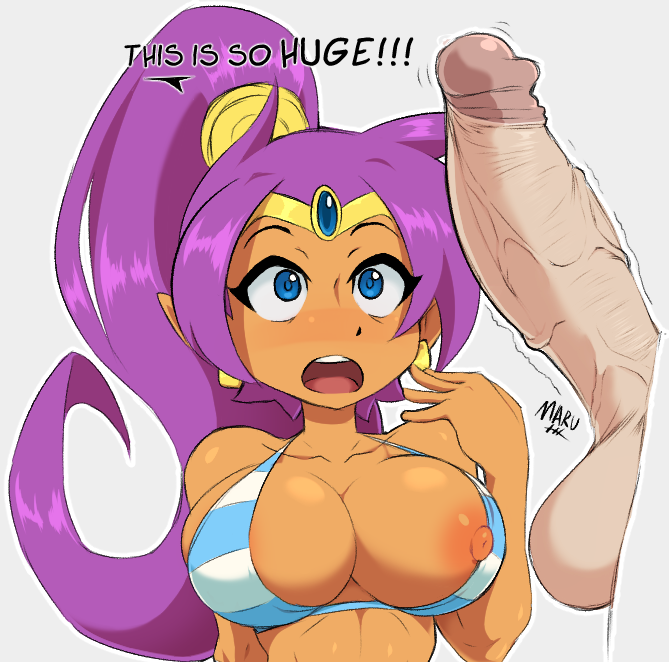 !! 1boy 1girl :o areola_slip areolae bikini blue_eyes breasts dark_skin english_text erect_nipples erection forehead_jewel large_breasts large_penis looking_at_penis maruzyrukun nipple_slip nipples one_breast_out open_mouth penis penis_awe ponytail purple_hair shantae_(character) shantae_(series) striped striped_bikini swimsuit testicles text_focus third-party_edit twitching uncensored veins veiny_penis