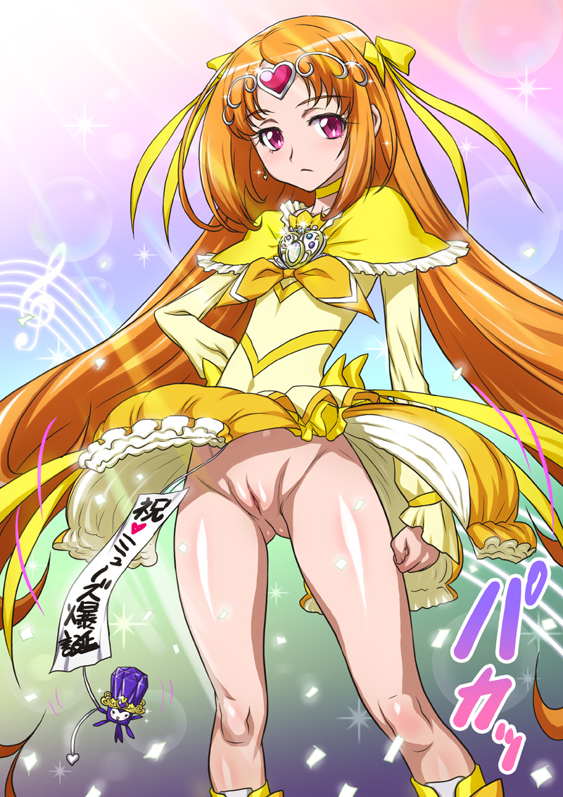 bow choker cure_muse_(yellow) dodory expressionless eyelashes fairy_tone joy_ride long_hair magical_girl no_panties orange_hair pink_eyes precure pussy shirabe_ako skirt skirt_lift solo staff_(music) suite_precure treble_clef yellow_bow yellow_choker