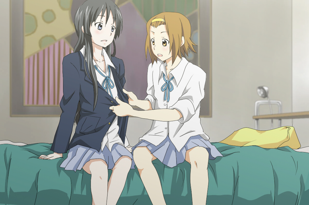 akiyama_mio bed bed_sheet black_eyes black_hair blazer blue_skirt blush brown_eyes brown_hair dress_shirt hairband jacket k-on! lamp long_hair miniskirt multiple_girls open_mouth pillow pleated_skirt ribbon school_uniform shakeda_mamoshirou shirt short_hair sitting skirt sleeves_rolled_up tainaka_ritsu