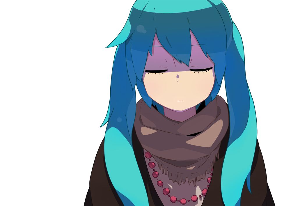 bad_id bad_pixiv_id blue_hair brown_scarf closed_eyes face hatsune_miku long_hair scarf simple_background solo tomioka_jirou twintails vocaloid