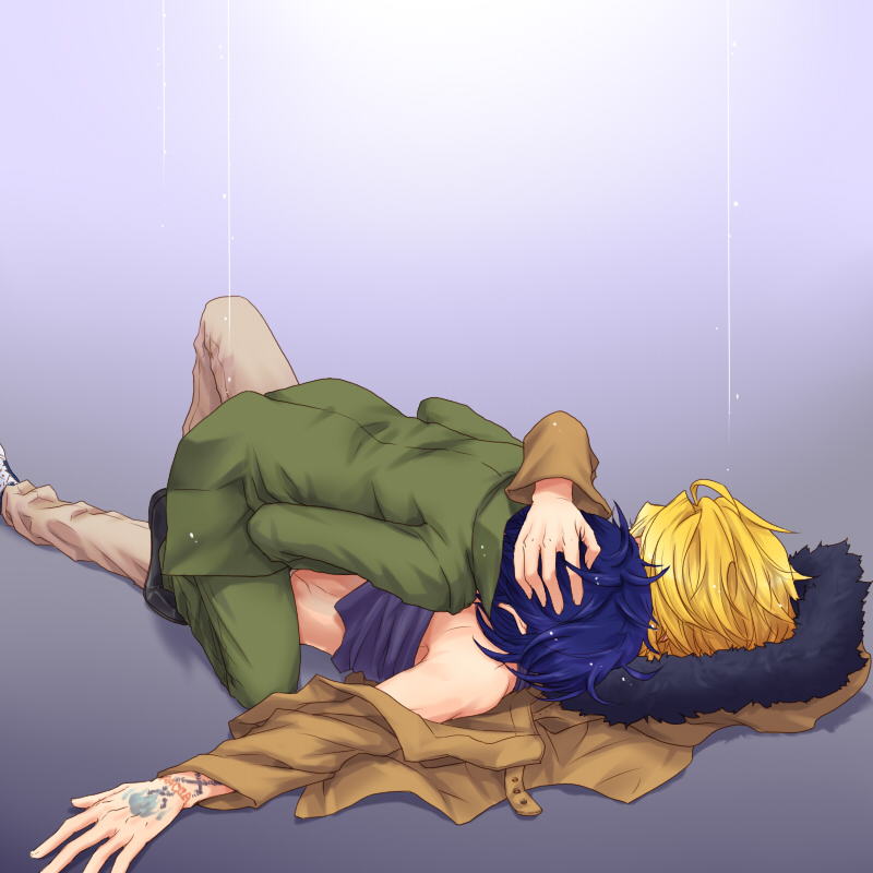 2boys blonde_hair blue_hair colorful_eyes cry dino dino_cavallone fur_trim hug jacket katekyo_hitman_reborn! lying multiple_boys on_back on_top rain rokudo_mukuro rokudou_mukuro school_uniform simple_background straddle straddling tattoo tears uniform yaoi yellow_eyes