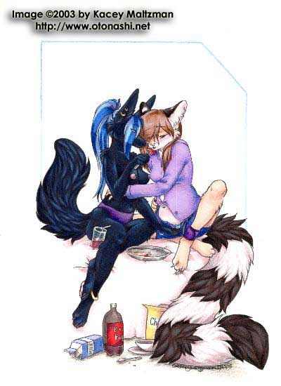 ace_(kacey) anthro anubian_jackal blue_hair breasts canine clothed clothing duo feline female food hair interspecies jackal kacey kristania lesbian mammal misty_(kacey) nipples pregnant ringtail romantic sitting skimpy topless