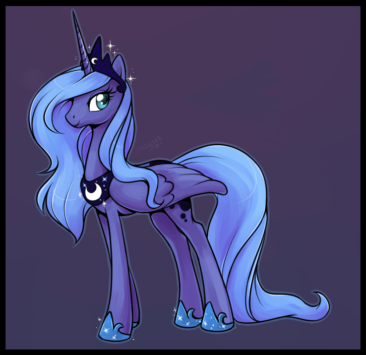 alicorn blue_hair crown cutie_mark equine female feral friendship_is_magic hair horn horse long_hair mammal my_little_pony nycket plain_background pony princess_luna_(mlp) purple_background smile solo sparkle tail winged_unicorn wings