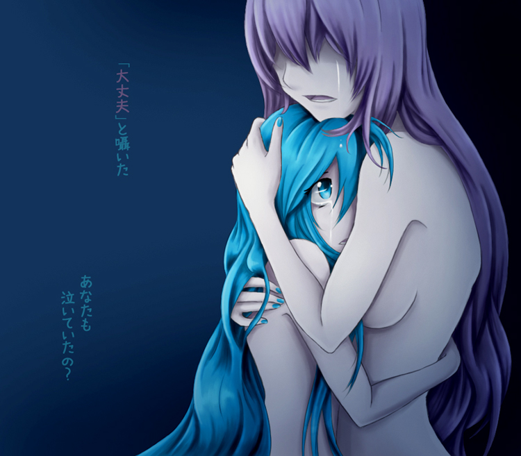 bad_id bad_pixiv_id darkness hatsune_miku hug long_hair magnet_(vocaloid) megurine_luka multiple_girls nude tears translated vocaloid yaya_(y8ay8a) yuri