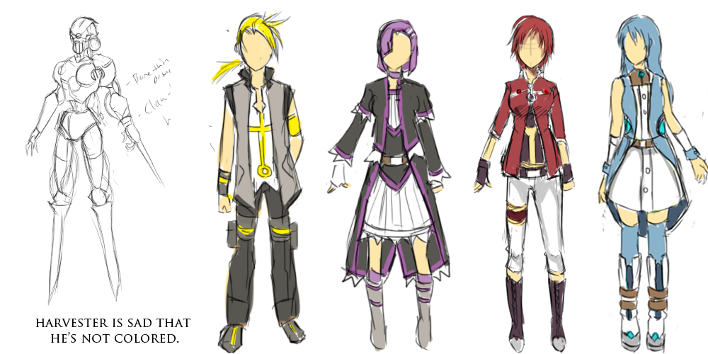 3girls blonde_hair blue blue_hair boots faceless finding_eden fingerless_gloves gloves multiple_girls official_art project_bc purple purple_hair red red_hair sketch yellow