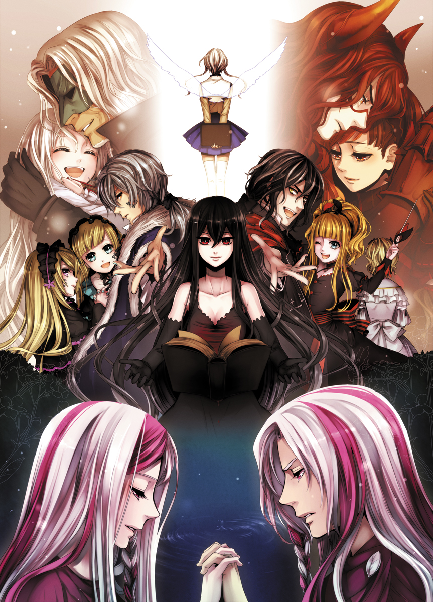 6+girls abyss angel_wings artemisia bad_id bad_pixiv_id bangs bare_shoulders black_dress black_gloves black_hair blonde_hair blue_eyes blue_skirt blunt_bangs book bow braid brother_and_sister brown_eyes brown_hair choker chronica chronicle_2nd cloak closed_eyes coat demon_boy dress el_(sound_horizon) elbow_gloves eleuseus elisabeth_von_wettin elyse elysion facial_mark feathers from_behind fur_trim gloves grin hair_feathers hairband headdress highres hiver_laurant holding_hands horns hortense interlocked_fingers layla_(sound_horizon) leaf long_hair marchen marchen_von_friedhof mask miniskirt moira multicolored_hair multiple_boys multiple_girls nail_polish one_eye_closed open_book open_mouth outstretched_hand pleated_skirt purple_eyes red_eyes red_hair ripples roman rukia_(sound_horison) seisen_no_iberia shaytan_(sound_horizon) short_hair siblings sidelocks silver_hair skirt smile sound_horizon striped suzunosuke_(sagula) thighhighs twins two-tone_hair violette water_drop wavy_hair white_hair white_legwear wings yellow_eyes zettai_ryouiki