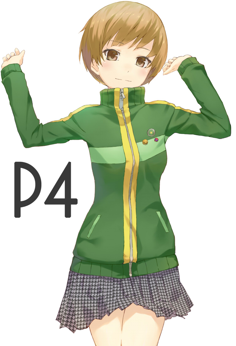 arms_up bad_id bad_pixiv_id bangs brown_eyes brown_hair cccpo copyright_name houndstooth jacket light_smile long_sleeves looking_at_viewer persona persona_4 pins satonaka_chie school_uniform short_hair simple_background skirt solo text_focus track_jacket white_background zipper