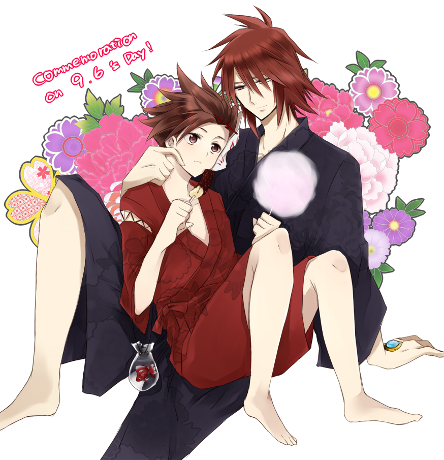 2boys age_difference barefoot blush brown_eyes brown_hair fairy_floss father_and_son fish flower food japanese_clothes kratos_aurion lloyd_irving multiple_boys red_eyes red_hair short_hair tales_of_(series) tales_of_symphonia