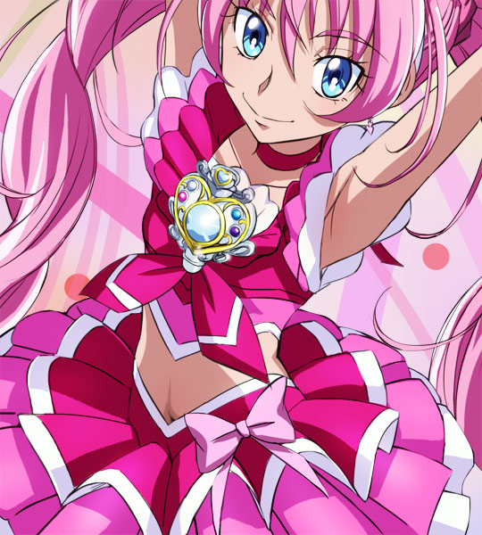 abstract_background armpits arms_up blue_eyes bow brooch choker cure_melody eyelashes frills gem haruyama_kazunori heart houjou_hibiki jewelry layered_skirt light_smile long_hair looking_at_viewer magical_girl midriff miniskirt petticoat pink pink_bow pink_choker pink_hair pink_skirt precure ribbon skirt sleeveless solo suite_precure