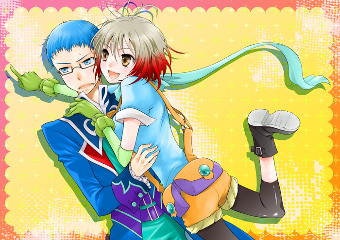 1girl aerialsoul blue_eyes blue_hair blue_shirt border brown_eyes coat glasses gloves hubert_ozwell multicolored_hair pascal pink_border pointing red_hair shirt shoes short_hair shorts standing standing_on_one_leg tales_of_(series) tales_of_graces two-tone_hair white_hair yellow_background