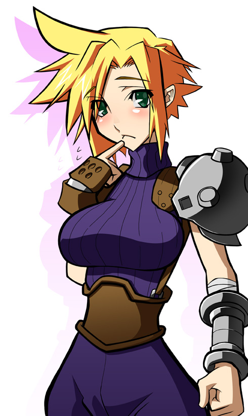 asurin blonde_hair blush breasts cloud_strife corset final_fantasy final_fantasy_vii finger_to_mouth fingerless_gloves genderswap genderswap_(mtf) gloves green_eyes index_finger_raised large_breasts ribbed_sweater short_hair shoulder_pads simple_background sleeveless sleeveless_turtleneck solo spiked_hair sweater turtleneck white_background wristband