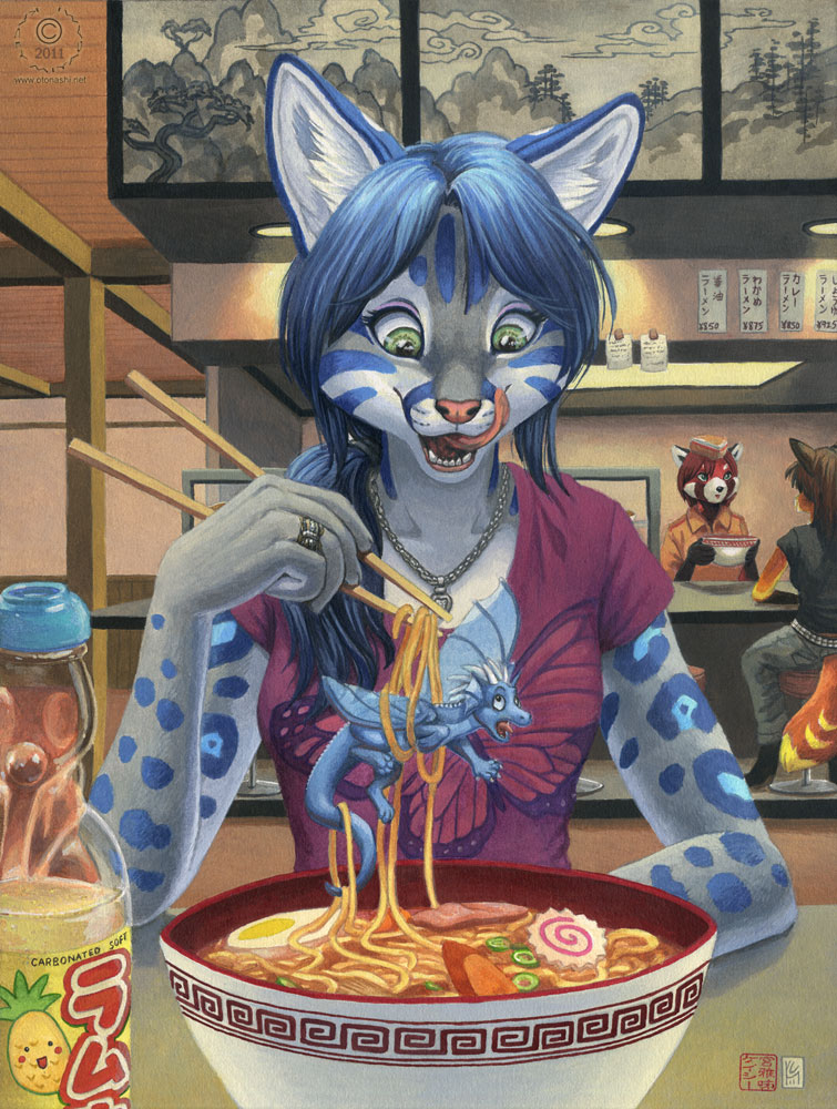 blue_hair bowl breasts canine dragon feline female food fox green_eyes hair hida imminent_vore kacey kacey_(character) leopard licking licking_lips male mammal necklace pasta red_panda sitting tongue tongue_out vorarephilia vore wings