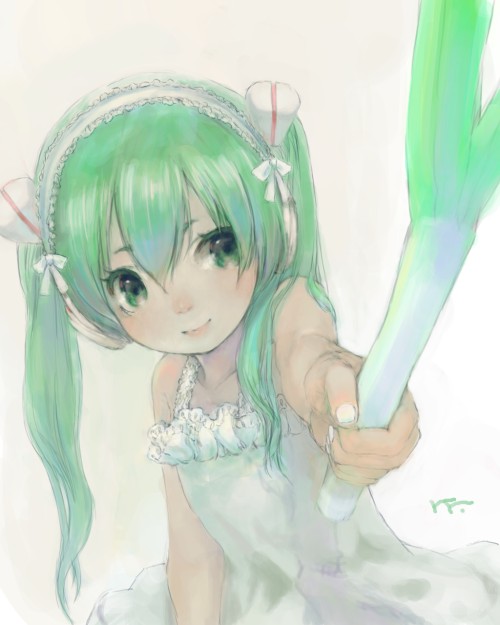 foreshortening green_eyes green_hair hatsune_miku headdress long_hair masuchi smile solo spring_onion twintails vocaloid