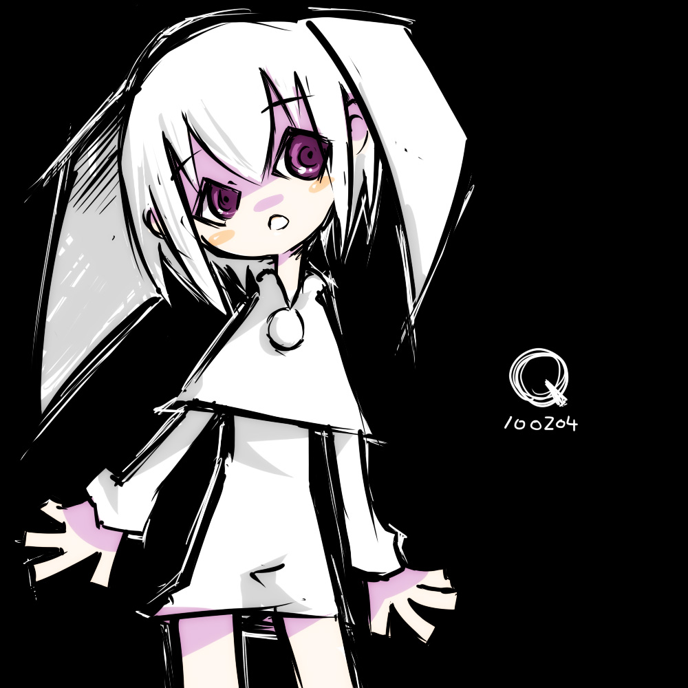 black_background long_sleeves mot_(anticycle) purple_eyes q.ko q.ko-chan short_hair skirt solo white_hair white_skirt