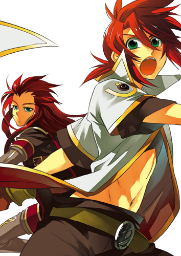 :o asch belt coat fujimura_(marina) green_eyes long_hair lowres luke_fon_fabre male_focus midriff multiple_boys open_mouth pants red_hair surcoat tales_of_(series) tales_of_the_abyss white_background