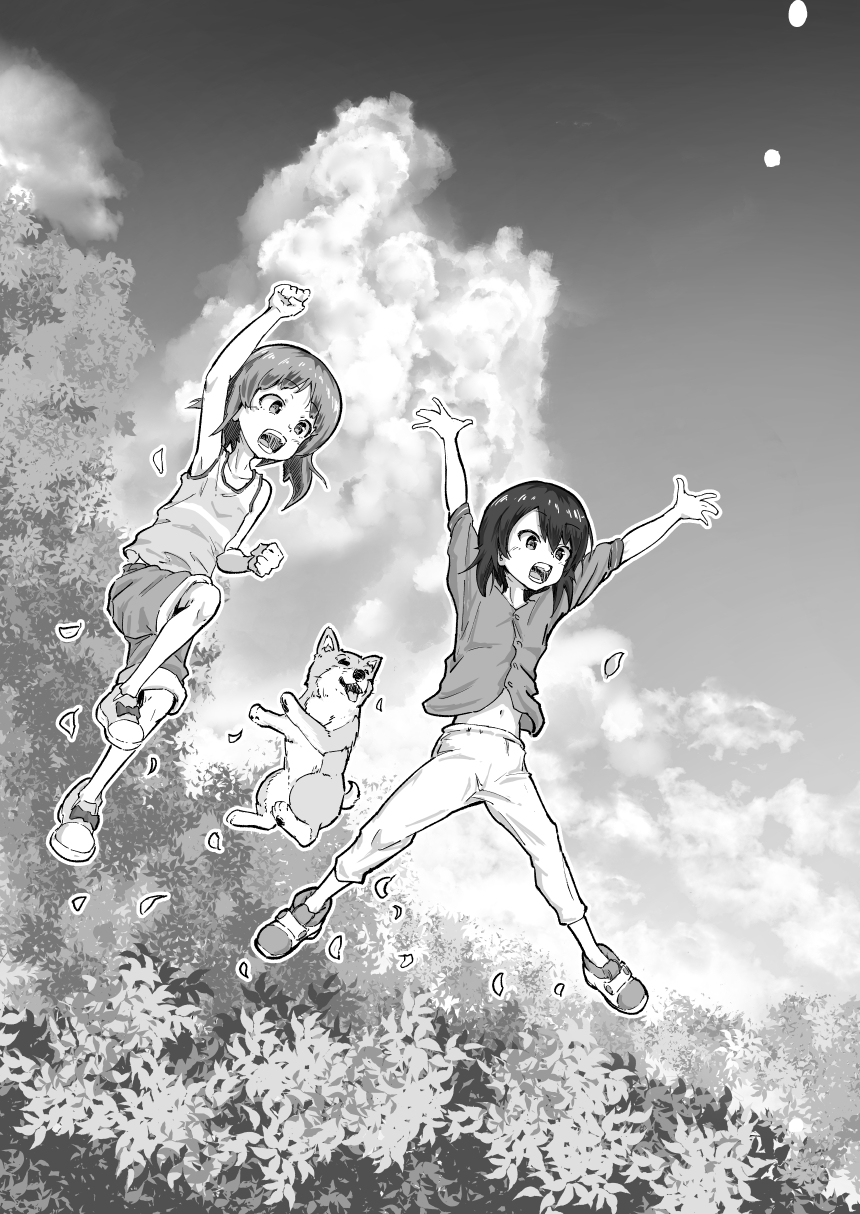 2girls arm_up arms_up bush clenched_hands dog girls_und_panzer goripan greyscale highres jumping leaf leg_up monochrome multiple_girls navel nishizumi_maho nishizumi_miho open_hand open_mouth pants raised_fist shiba_inu shoes short_sleeves shorts siblings sisters smile sneakers tank_top tree younger