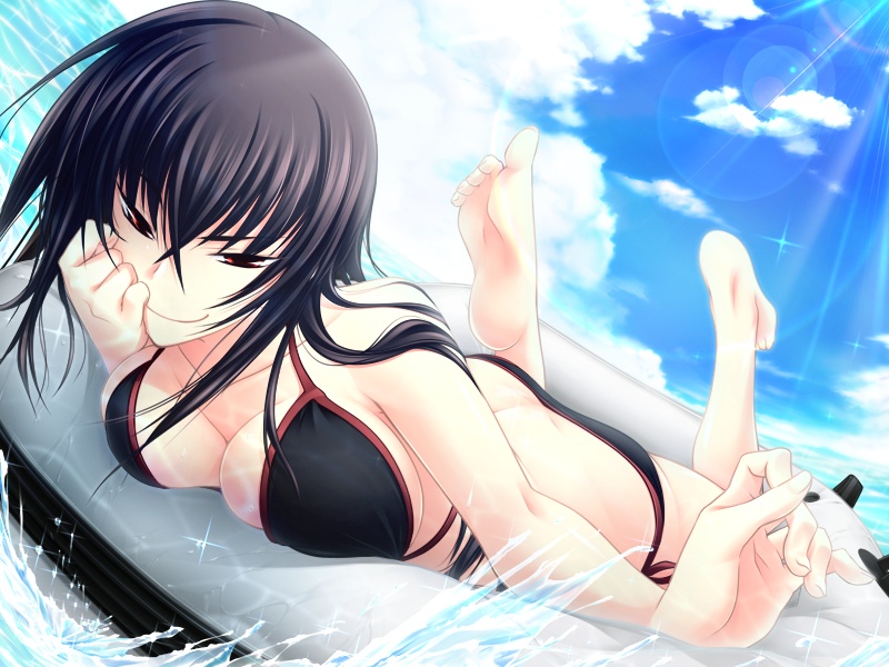 1girl female game_cg girl kawakami_momoyo looking_at_viewer maji_de_watashi_ni_koi_shinasai! outdoors sky smile solo swimsuit