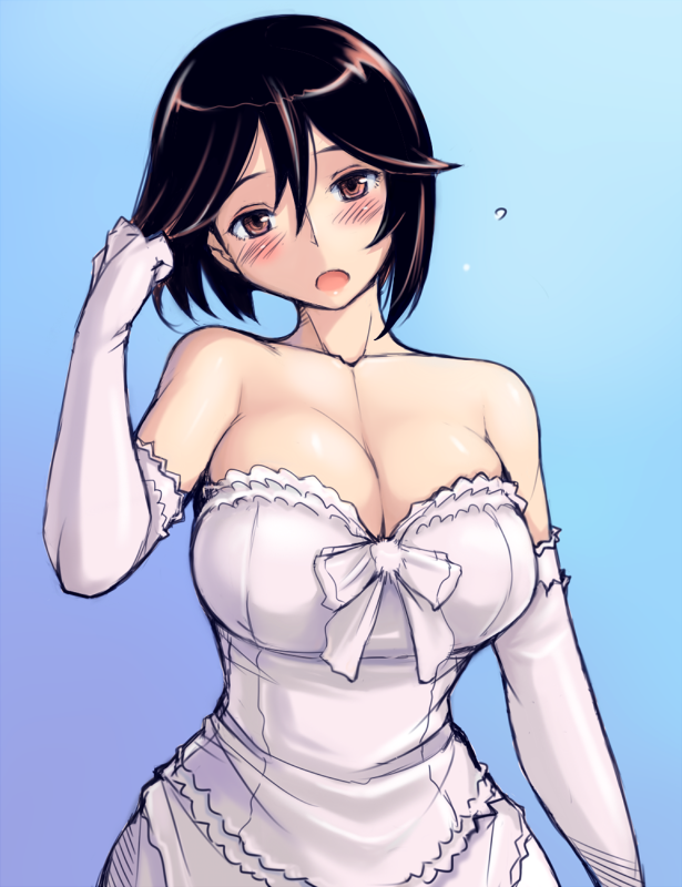 adjusting_hair bare_shoulders blush breasts brown_eyes brown_hair cleavage dress elbow_gloves gloves large_breasts older open_mouth ribbon rozen_maiden solo souseiseki tsuda_nanafushi wedding_dress white_dress