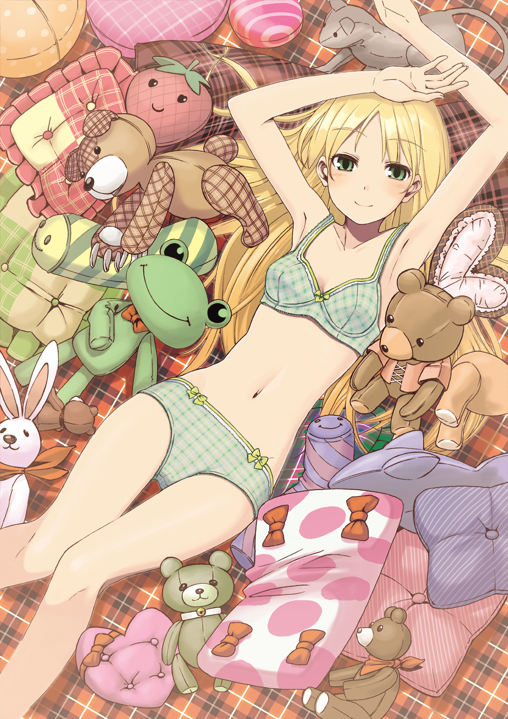 armpits arms_up blonde_hair bra couzone face green_eyes highres lingerie long_hair lying navel on_back original panties pillow plaid plaid_bra plaid_panties smile solo stomach stuffed_animal stuffed_bunny stuffed_frog stuffed_toy teddy_bear underwear underwear_only