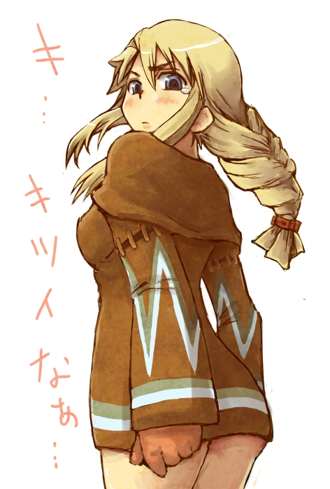 agrias_oaks arms_at_sides ass blonde_hair blue_eyes blush braid breasts brown_dress capelet closed_mouth cowboy_shot dress final_fantasy final_fantasy_tactics from_behind from_below frown geomancer_(fft) gloves long_hair long_sleeves looking_at_viewer looking_back looking_down medium_breasts microdress no_panties shishio_(artist) sidelocks simple_background single_braid solo tears upskirt white_background