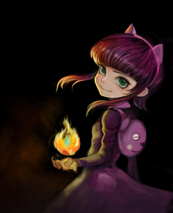 animal_ears annie_hastur arm_at_side backpack bad_id bad_pixiv_id bag bangs black_background blunt_bangs breasts cat_ears closed_mouth cowboy_shot dark fake_animal_ears fire fireball green_eyes hairband league_of_legends long_sleeves looking_at_viewer outstretched_hand purple_hair rabbit19 ringed_eyes sanpaku short_hair_with_long_locks sidelocks small_breasts smile solo themed_object
