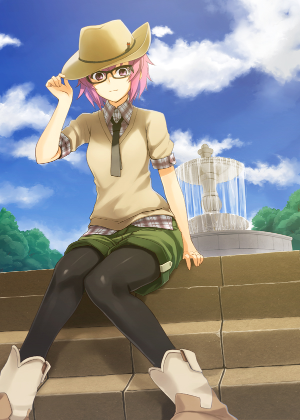 adjusting_clothes adjusting_hat bad_id bad_pixiv_id black_legwear boots cloud day fashion fountain glasses hat legwear_under_shorts original pantyhose pink_hair plaid plaid_shirt prime purple_eyes shirt short_hair shorts sitting sitting_on_stairs sky solo stairs sweater