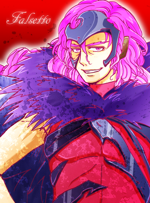 bad_id bad_pixiv_id character_name dann1230 falsetto_(suite_precure) fur_trim grin half_mask long_hair male_focus mask pink_eyes pink_hair precure red_background smile solo spoilers suite_precure