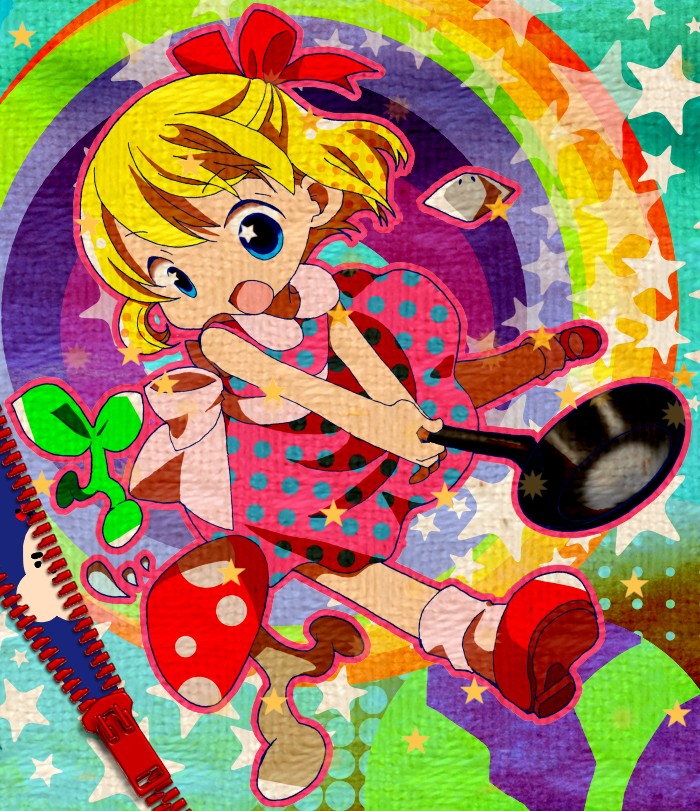 bad_id bad_pixiv_id blonde_hair blue_eyes bow doseisan dress frying_pan grass hair_bow mother_(game) mother_2 mushroom naruki open_mouth paula_(mother_2) polka_dot psychedelic rainbow solo star ufo zipper