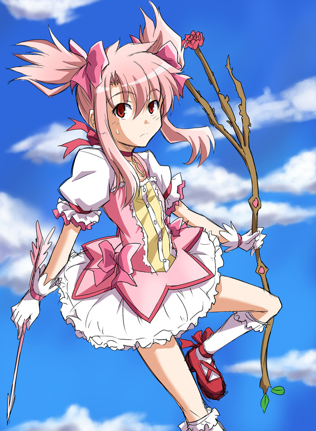 arrow bobby_socks bow_(weapon) bubble_skirt choker cloud cosplay day fate/stay_night fate_(series) genderswap genderswap_(mtf) gloves kaname_madoka kaname_madoka_(cosplay) long_hair looking_at_viewer magical_girl mahou_shoujo_madoka_magica pink_hair red_eyes rimibure shirouko short_twintails sidelocks skirt sky socks solo twintails weapon