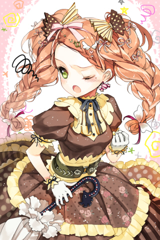 ;o belt blush bow braid brown_hair candy cherrypin closed_umbrella dress earrings food frills gathers gloves hair_ornament jewelry lolita_fashion lowres mole one_eye_closed open_mouth ribbon short_twintails solo sword_girls twin_braids twintails umbrella