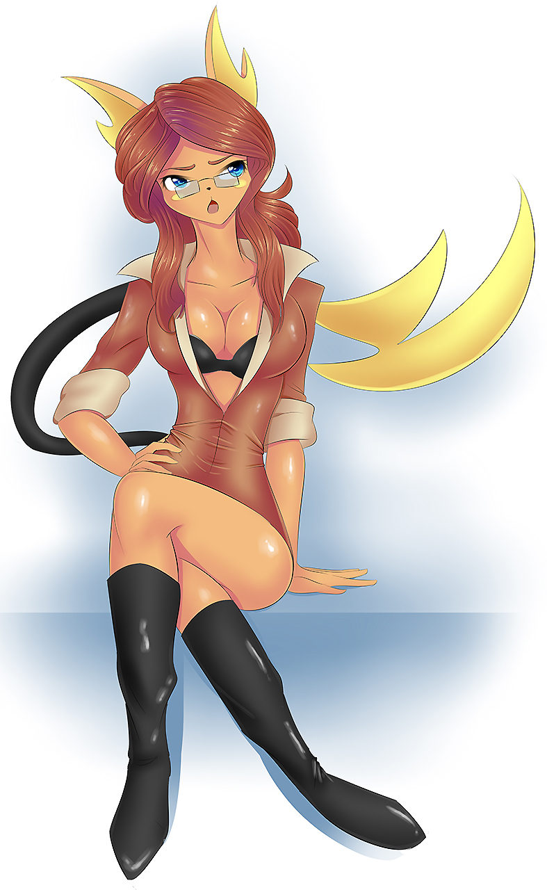 blue_eyes boots breasts cleavage clothed clothing eyewear female glasses hair long_hair long_red_hair nintendo pinup pok&#233;mon pok&#233;morph pok&eacute;mon pok&eacute;morph pose rachel raichu red_hair shirt simple_background sitting solo steel_tigerwolf video_games