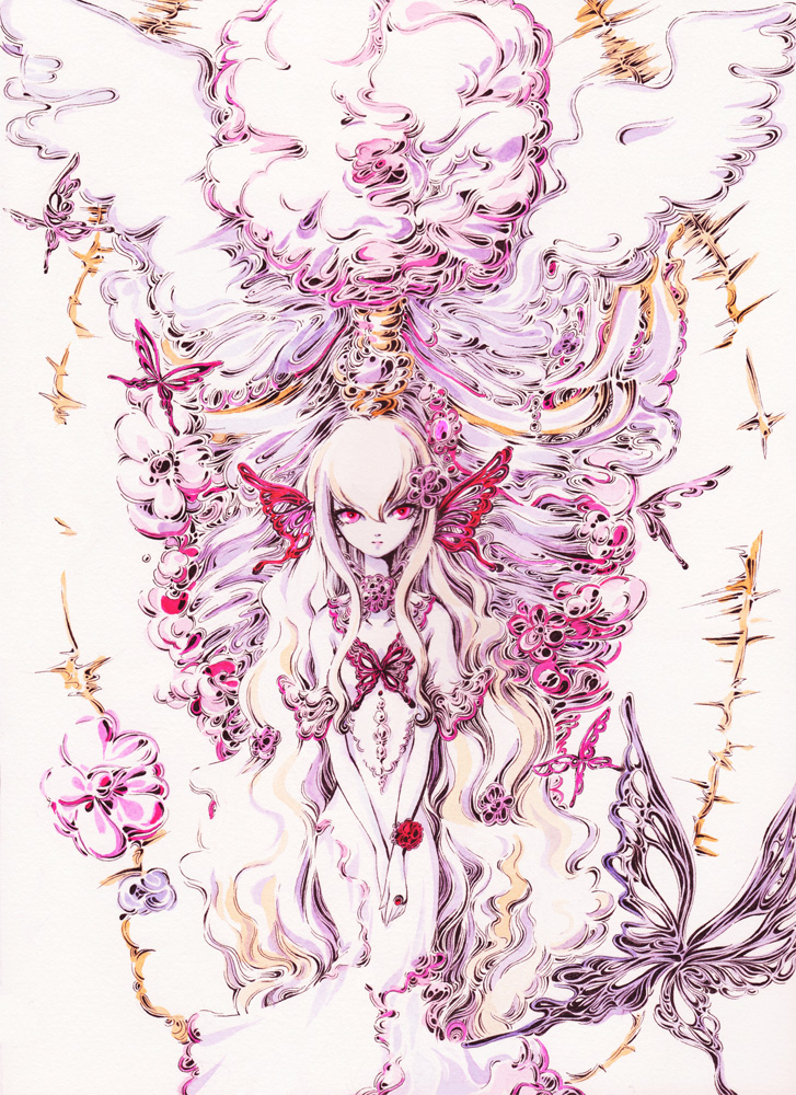 bad_id bad_pixiv_id ballpoint_pen_(medium) blonde_hair bug butterfly butterfly_hair_ornament charmal corsage dress flower hair_ornament hands_together insect long_hair looking_at_viewer original own_hands_together pink_eyes red_flower red_rose rose solo traditional_media very_long_hair wavy_hair