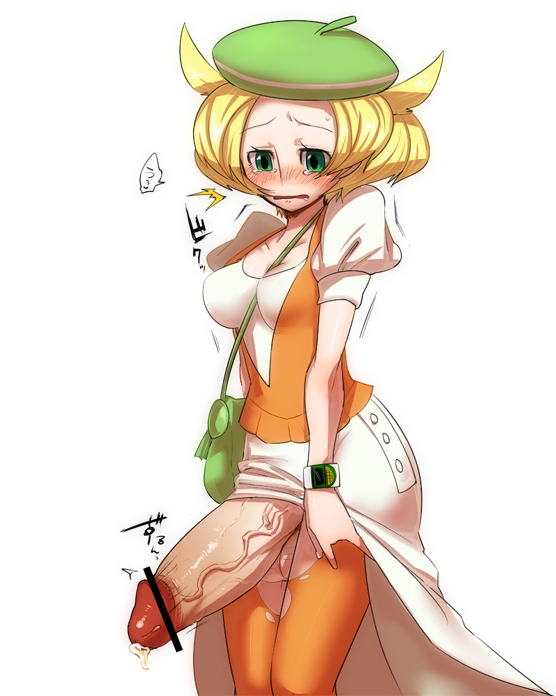1girl artist_request bag bel_(pokemon) blonde_hair blush breasts censored cum dress futanari green_eyes hat huge_penis large_breasts open_mouth pantyhose penis pokemon short_hair simple_background solo tears torn_clothes torn_pantyhose veins