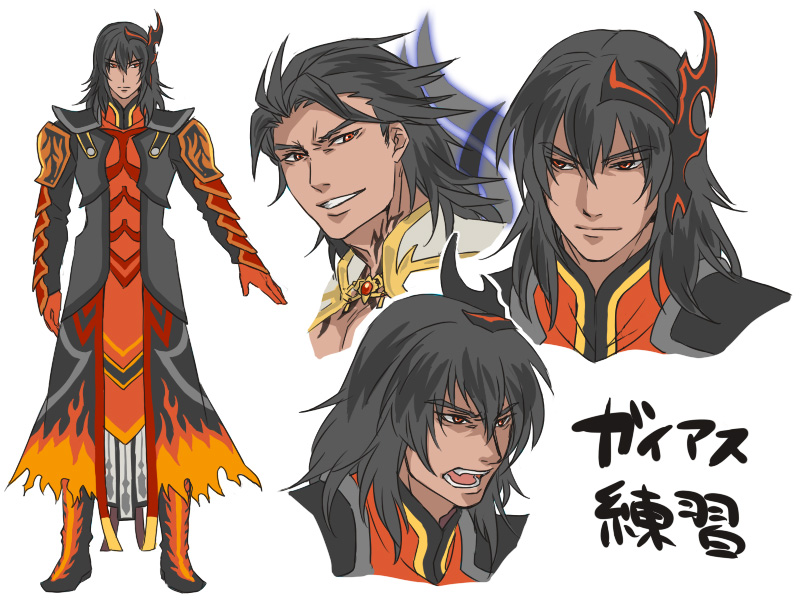 angry armor black_hair boots character_name coat fuki_no_10 full_body gaius_(tales) gloves grin hair_ornament hairpin male_focus open_mouth red_eyes smile surcoat tales_of_(series) tales_of_xillia white_background