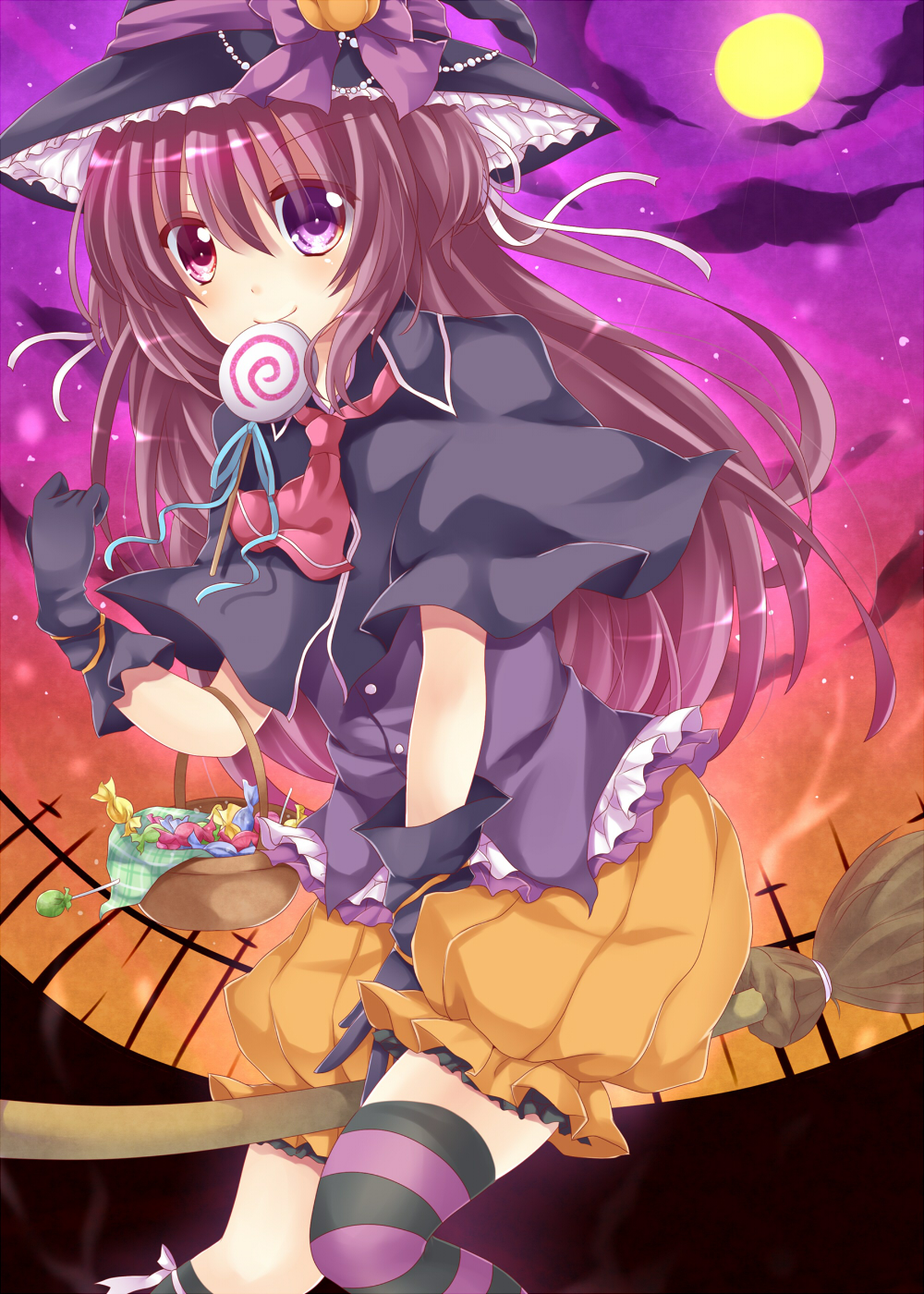 bad_id bad_pixiv_id brown_hair candy food halloween hat heterochromia highres ikeda_hazuki mouth_hold original solo thighhighs witch witch_hat