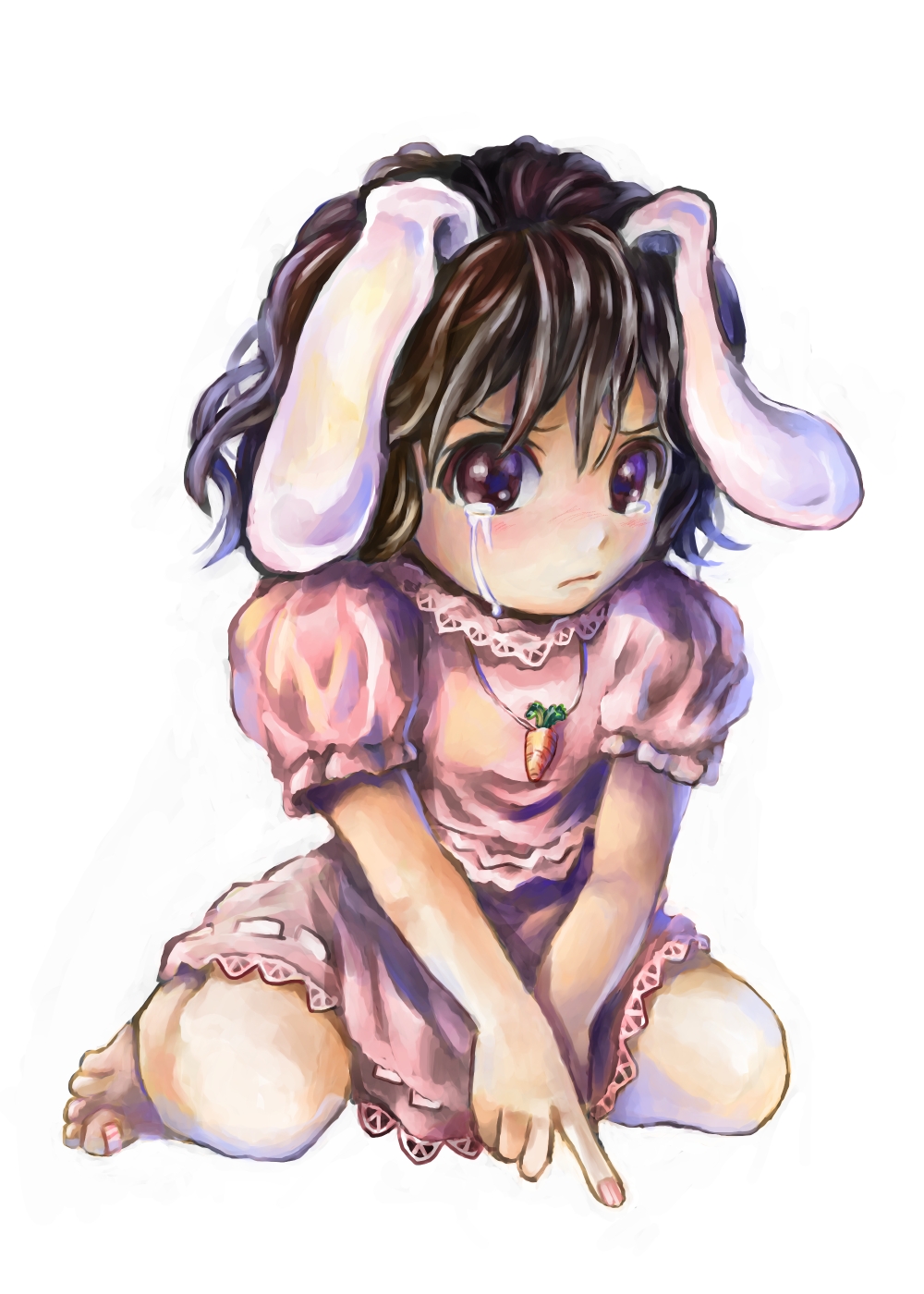 animal_ears bad_id bad_pixiv_id barefoot black_hair blush bunny_ears carrot crying crying_with_eyes_open dress feet full_body highres inaba_tewi jewelry nagayo pendant short_hair simple_background sitting solo tears touhou wariza white_background