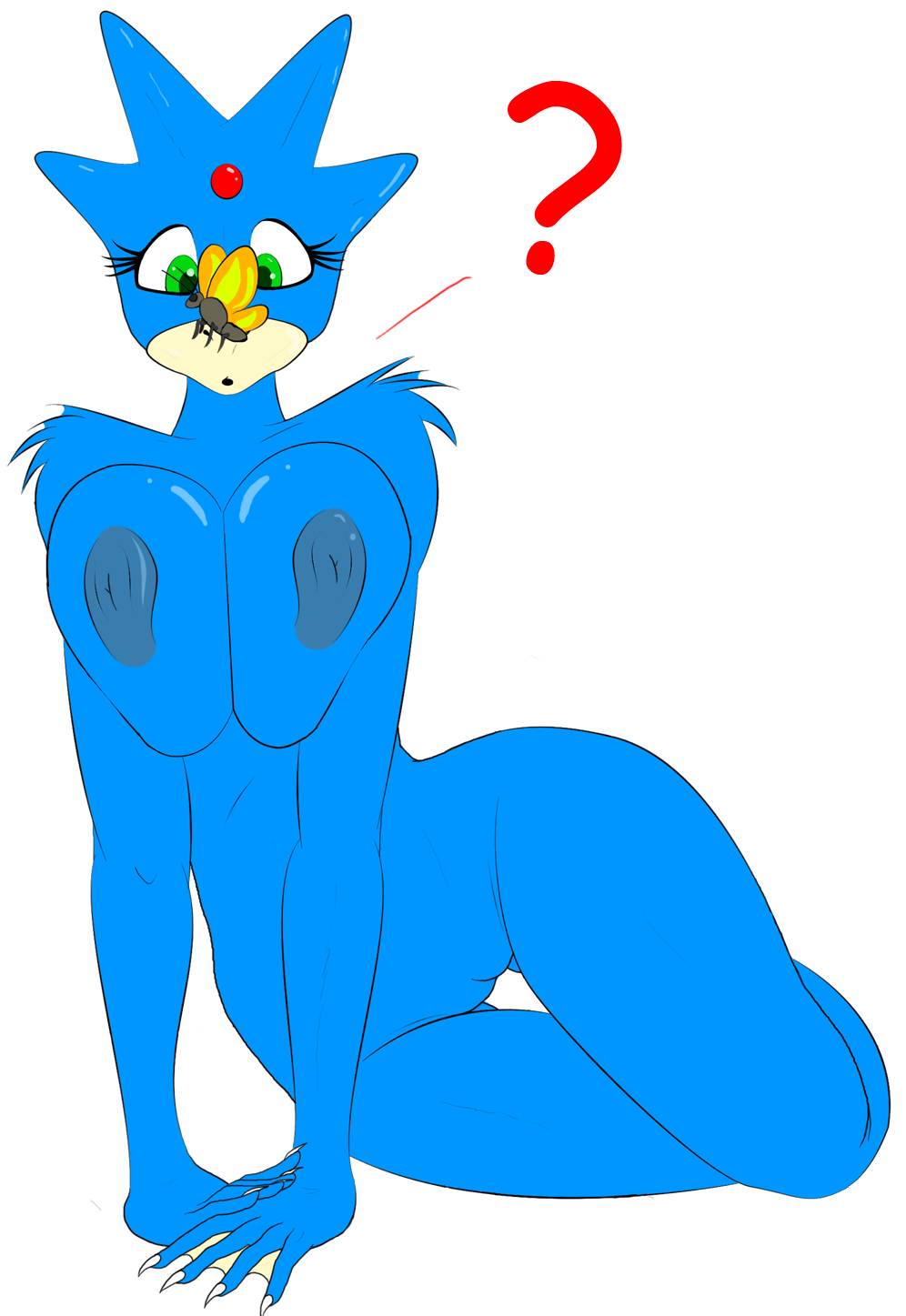 anthro arthropod avian big_breasts breasts butterfly confused confused_look duck female fins golduck green_eyes huge_breasts insect nintendo nipples pok&#233;mon pok&#233;morph pok&eacute;mon pussy solo ticklishways video_games wide_hips zp92