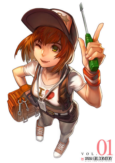 bag baseball_cap black_legwear cover crop_top face from_above girl_dormitory green_eyes hat heart jewelry krenz midriff necklace one_eye_closed orange_hair pantyhose pointing pointing_up screwdriver short_sleeves shorts simple_background solo star vest wristband