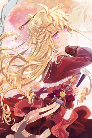 artist_request blonde_hair cinia_pacifica dress drill_hair fan flower hair_ornament jacket lace long_hair looking_back lowres pink_eyes red_dress rose solo sword_girls