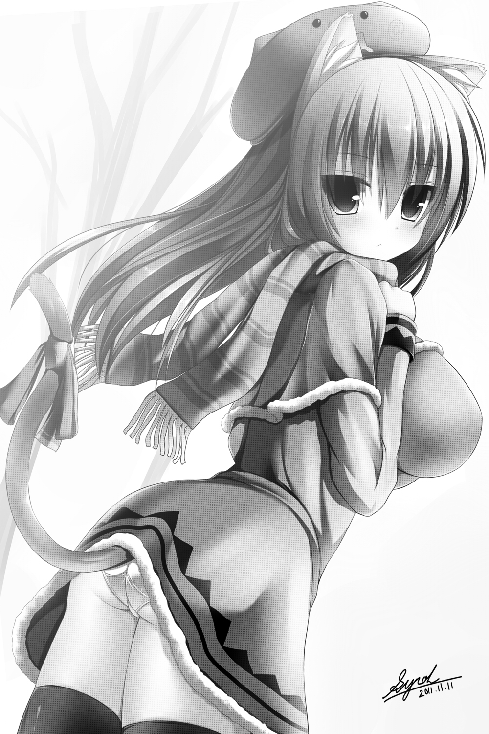 animal_ears ass cat_ears cat_tail greyscale hat highres mia_flatpaddy monochrome original panties ribbon scarf signature solo syroh tail tail_ribbon thighhighs underwear